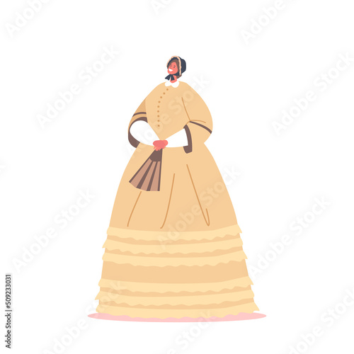 Victorian English or French Woman of 19th Century. Elegant Lady Wear Vintage Gown and Hat Holding Fan in Hands