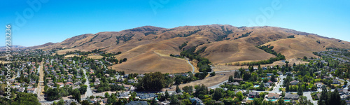 Panorama of the Mission Hills neighborhood in Fremont, California.  Mission Peak is in the background.  