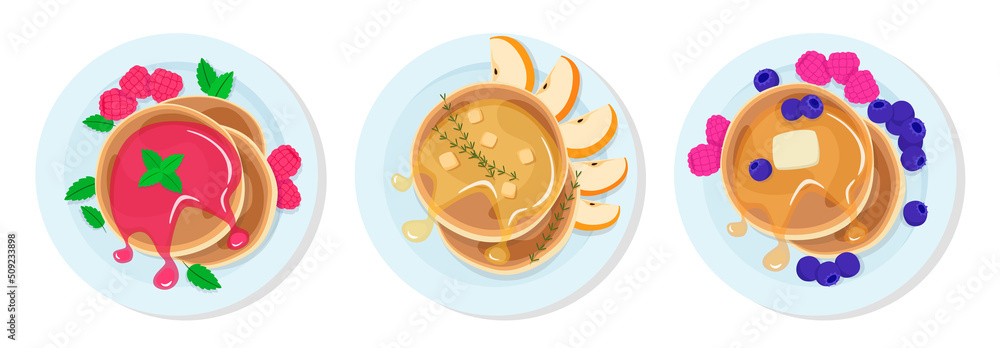 Set of 3 vector illustrations of bright tasty nutritious breakfasts with pancakes. Plate top view. Delicious, healthy food on porcelain dish isolated on white background.