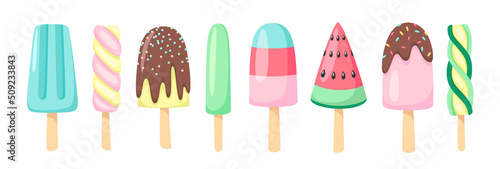 Set of vector illustrations of tasty ice creams isolated on white background. Sweet summer desserts with different tastes. Cartoon style illustration