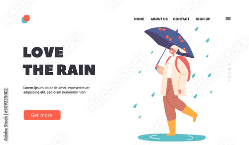 Happy Girl Walk under Umbrella at Rain Landing Page Template. Female Character in Warm Clothes and Rubber Boots