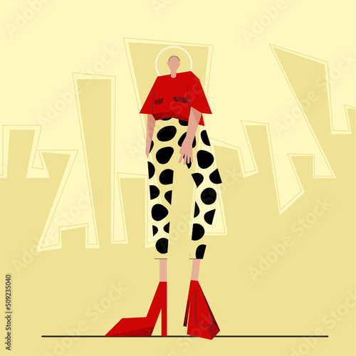 A woman with long legs, on big red heels, against the background of a flesh-colored city, a stylishly dressed girl with a halo over her head