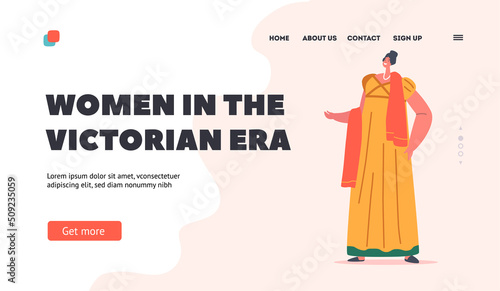 Women in the Victorian Era Landing Page Template. 19th Century Lady, English Woman Wear Elegant Gown and Scarf