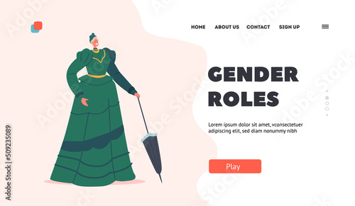 Gender Roles Landing Page Template. Elegant Lady in Vintage Dress with Umbrella, 19th Century European Victorian Woman
