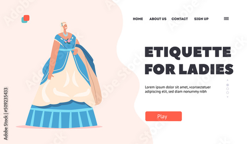 Etiquette for Ladies Landing Page Template. Beautiful Victorian Female Character in Historical Vintage Dress of 19th Century