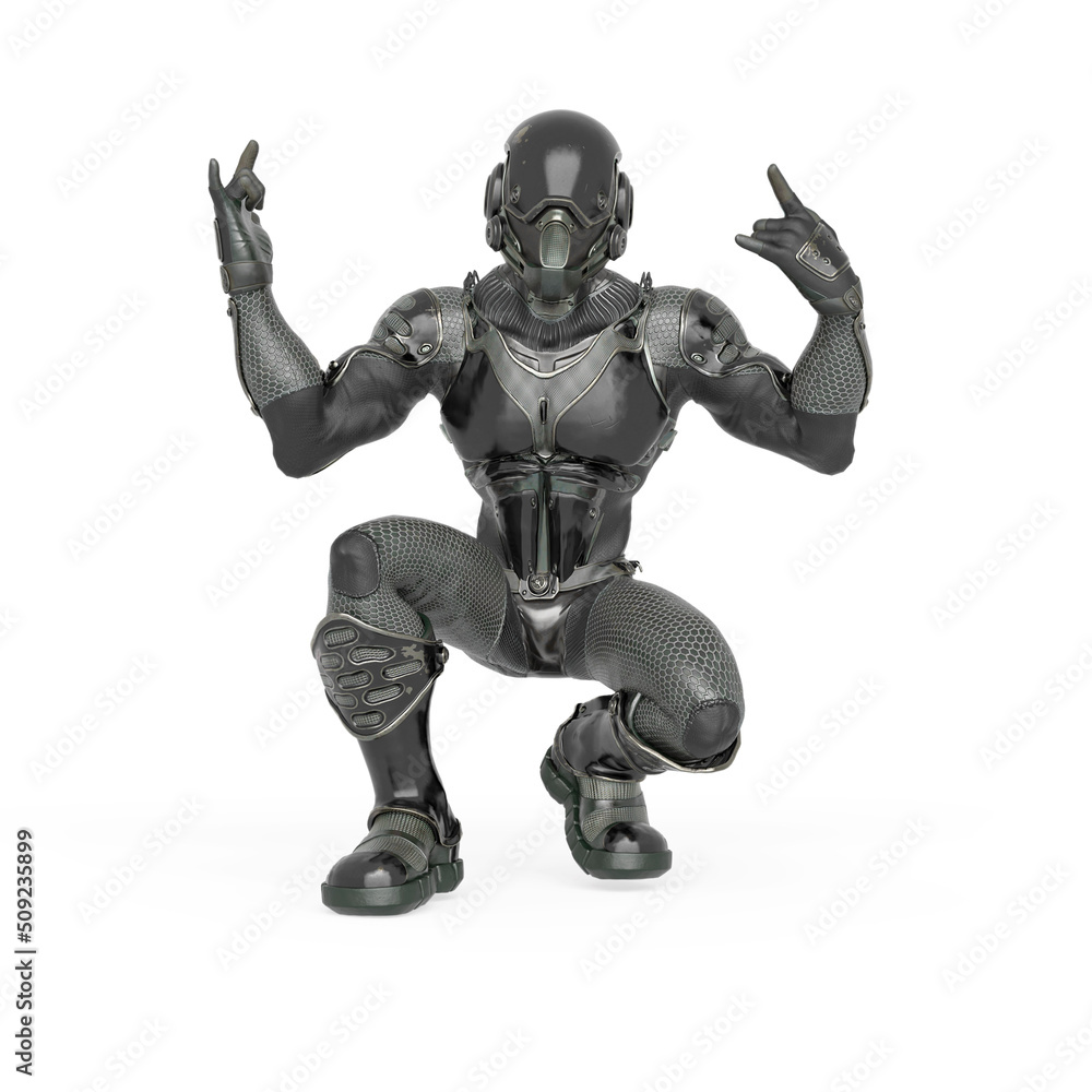 futuristic astronaut is crouched and doing a heavy metal pose in white background futuristic astronaut is crouched and doing a heavy metal pose in white background