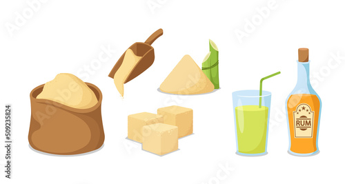 Set of Cane Sugar Production and Equipment, Sack, Scoop with Sugar Sand and Cubes, Rum in Bottle and Lemonade in Cup