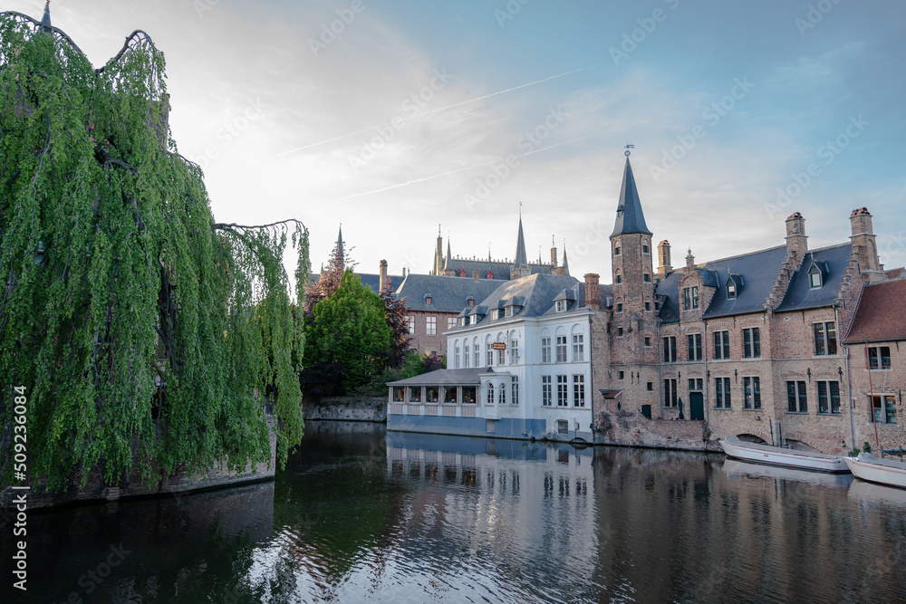 Canal in Bruges and Belfry tower - Houses and Streets - Bruges, Belgium - the city centre