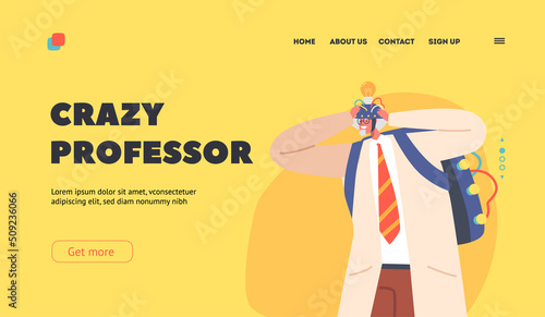 Crazy Professor Landing Page Template. Mad Scientist Testing Strange Supply Try On Helmet with Electric Wires and Bulb