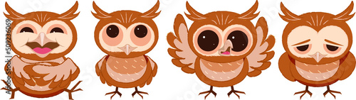 Owls in different moods laughing, naive, surprised and sad. Cartoon illustration.