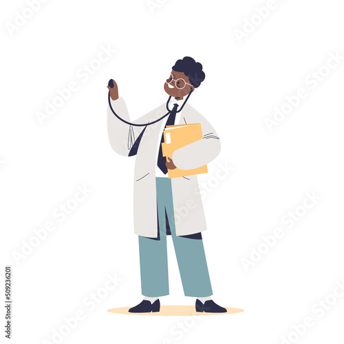 Kid doctor. Small child boy in white uniform holding stethoscope work as medical worker