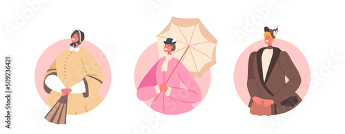 Set 19th Century Ladies Avatars, Isolated Round Icons. Beautiful Victorian Women Wear Elegant Gowns, Hats or Accessories