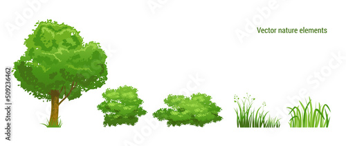 Tree, bushes and grass nature set.