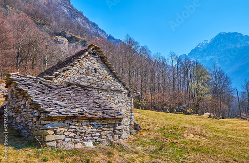 The mountain scenery with stone barn, Mora di Fuori, Valle Verzasca, Switzerland photo