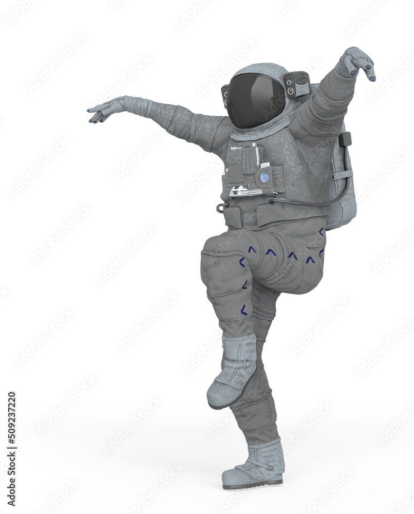 astronaut explorer is doing a karate pose on white background side view astronaut explorer is doing a karate pose on white background side view