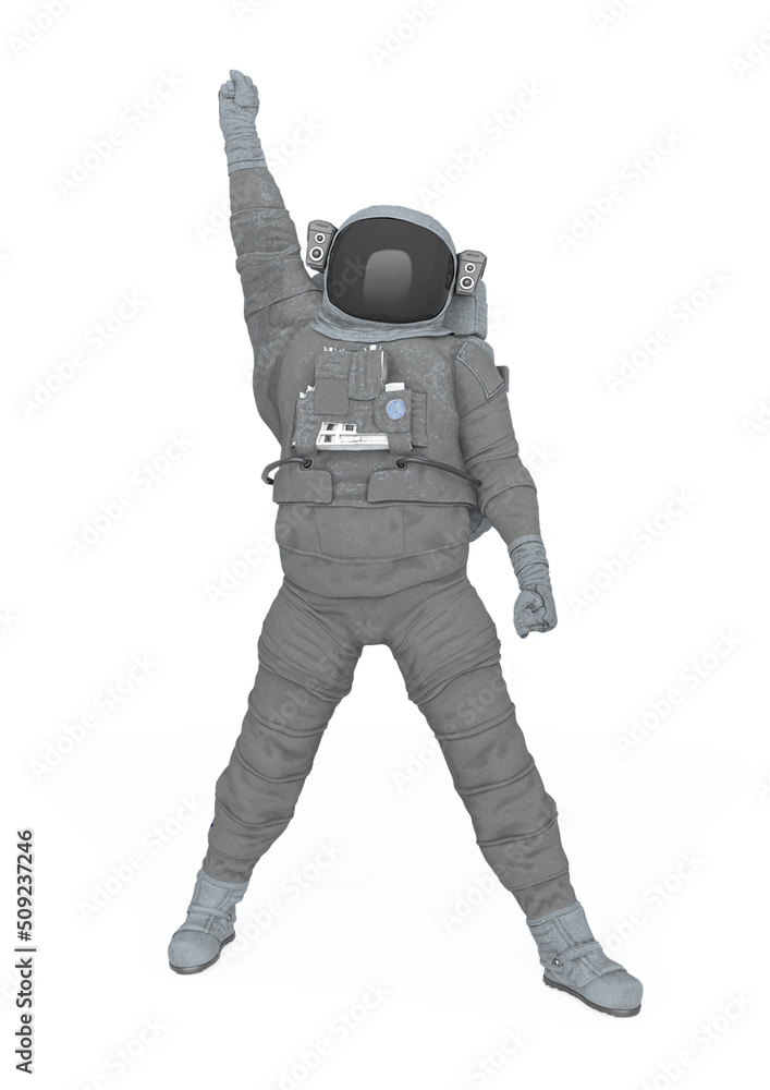 astronaut explorer is doing a power singer pose on white background