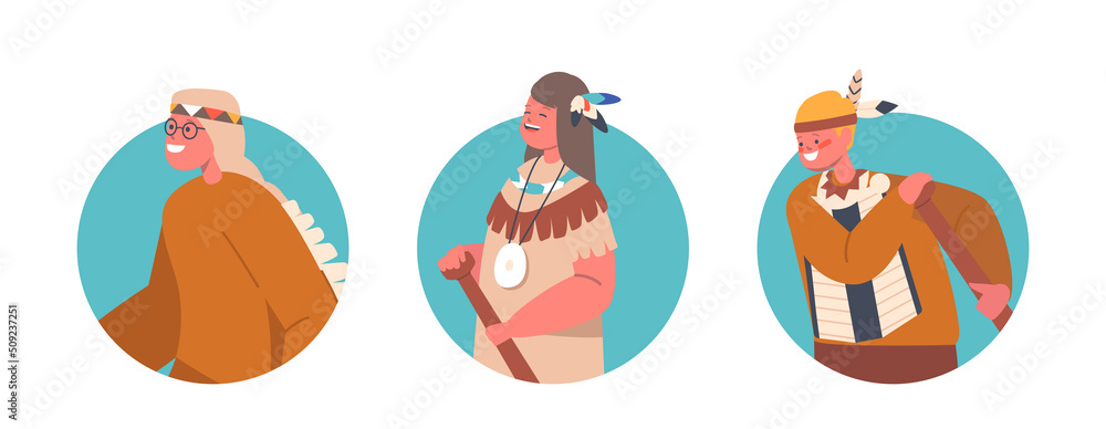 Set of Children Indigenous Indian American Characters with Paddles Isolated Round Icons. Native Aboriginal Kids Avatars
