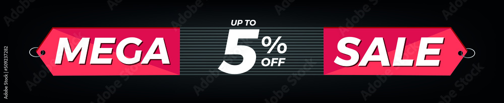 5% off. Horizontal black banner. Advertising for Mega Sale. Up to five percent discount for promotions and offers. 5% off. Horizontal black banner. Advertising for Mega Sale. Up to five percent discount for promotions and offers.