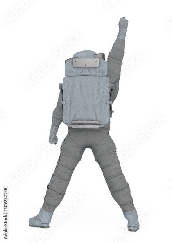 astronaut explorer is doing a power singer pose on white background rear view