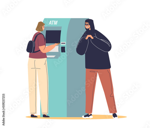 Cyber criminal stealing personal data, credit card password at atm. Hacker hacking banking system