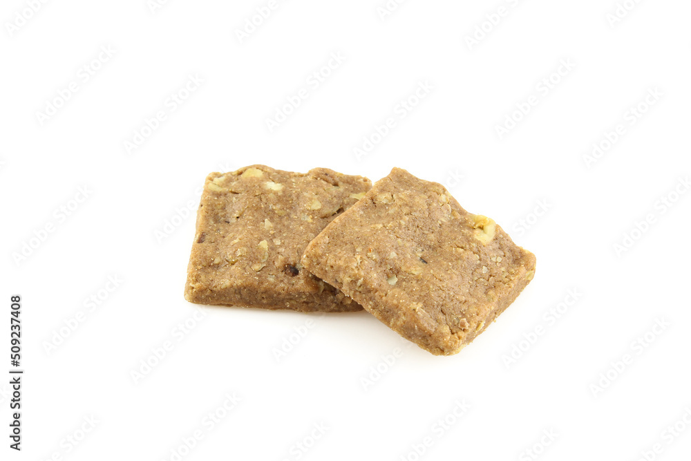 Two bite size oatmeal cookies isolated on white background. Light dietary food Two bite size oatmeal cookies isolated on white background. Light dietary food