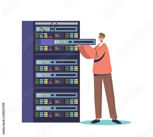 Service administrator working in server room with rack cabinets. Maintenance, network administration