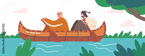 Happy Indigenous Indian American Kids Rowing on Kayak or Canoe by River. Native Children Characters Wear Costumes
