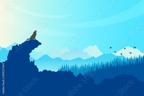 Monotonous colors. Wallpaper in natural concept. Peaceful landscape. Vector illustration. Minimalist style. Silhouettes of mountains. Slopes, relief. Panoramic image.