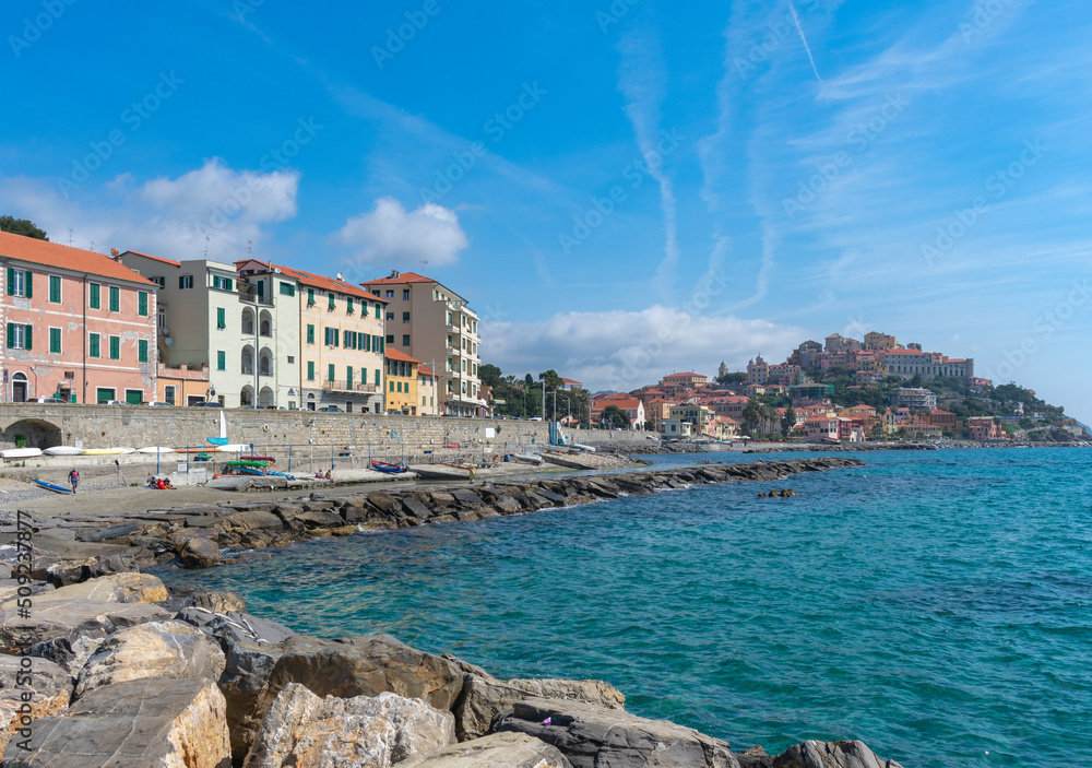 A picturesque and colorful villages of Borgo Foce, Borgo Marina Provincia of Imperia. It is bay along the walk of lovers. Imperia. Porto Maurizio. Liguria. Italy 10 May 2022