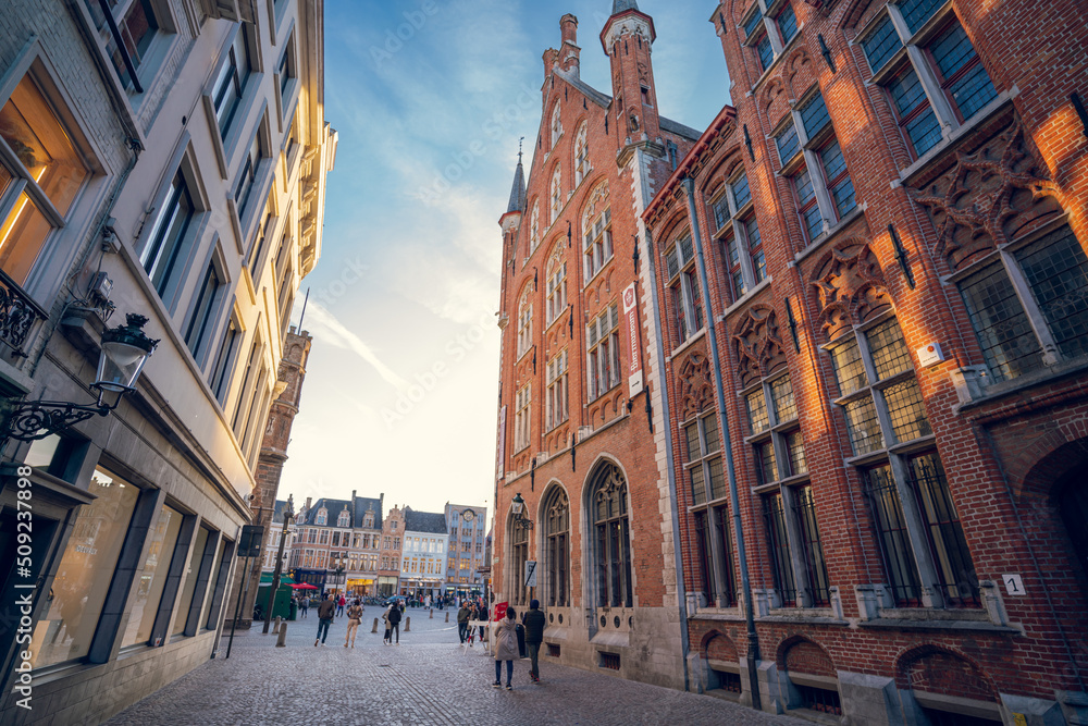 Fototapeta premium Streets of Bruges Belgium - the City centre - Wallpaper - stores and shops