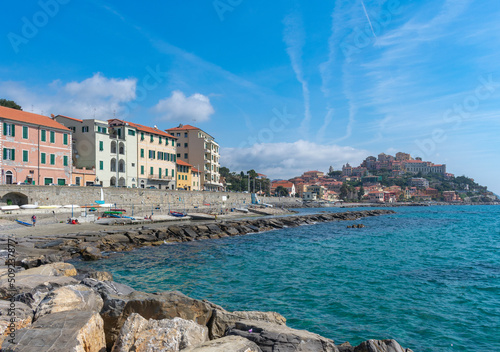 A picturesque and colorful villages of Borgo Foce, Borgo Marina Provincia of Imperia. It is bay along the walk of lovers. Imperia. Porto Maurizio. Liguria. Italy 10 May 2022 photo