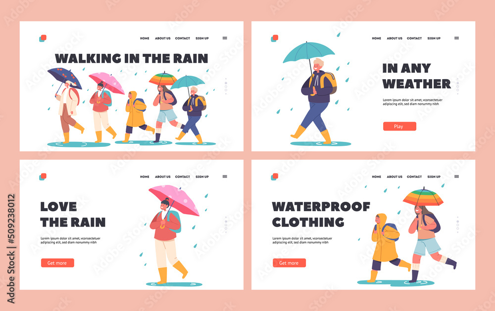 Happy Kids Walk under Umbrella Landing Page Template Set. Little Boys and Girls Characters Walking in Waterproof Clothes