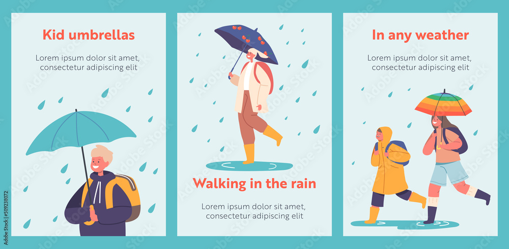 Banners with Happy Kids Walk under Umbrella, Little Boys and Girls Characters in Warm Clothes with Backpack Banners with Happy Kids Walk under Umbrella, Little Boys and Girls Characters in Warm Clothes with Backpack