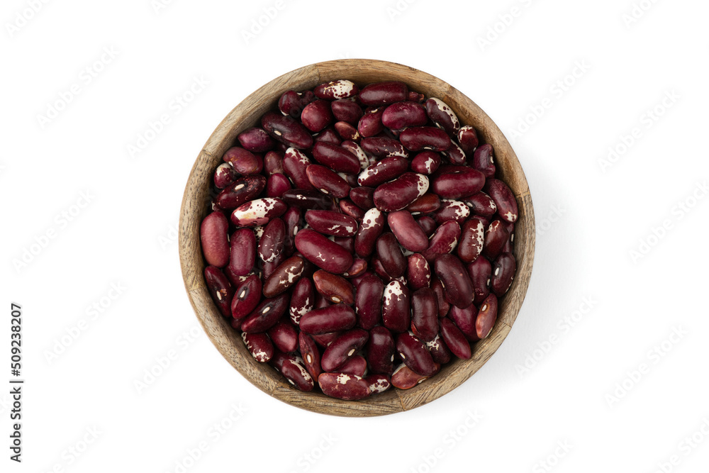 red beans in wooden bowl on white background, top view red beans in wooden bowl on white background, top view
