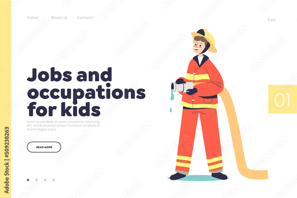 Job and occupation for kid concept of landing page with boy fireman. Small child work as firefighter