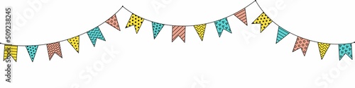 Carnival garland with flags. For banner or greeting card. Decorative bright colorful party pennants for birthday celebration  festival and fair decoration. Vector outline  line art isolated on white 
