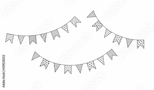 Set of carnival garland with flags. Decorative black and white party pennants for birthday celebration, festival and fair decoration. Vector outline, line art isolated on white background.