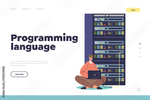 Programming language concept of landing page with sysadmin repairing adjusting network connection