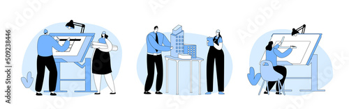 Set of Architecture Building and Engineering Construction Works. Architects and Engineers Working on Project Plan