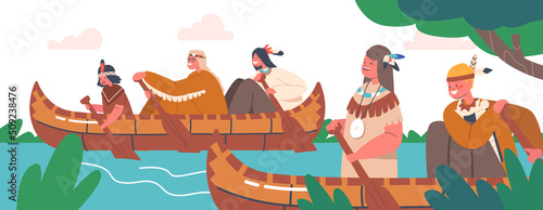 Native Indian American Children Swim on Canoe, Indigenous Kids Characters Wear Costumes Rowing on Wooden Kayak Boat