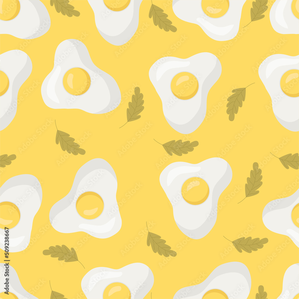 Trendy seamless floral pattern with scrambled eggs. Hand drawn modern illustration of broken egg and greenery. Fabric, web, app, stationery. Trendy seamless floral pattern with scrambled eggs. Hand drawn modern illustration of broken egg and greenery. Fabric, web, app, stationery.