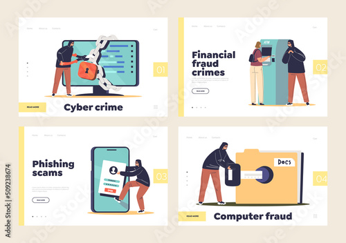 Cyber crimes set of landing pages with hackers stealing personal data, banking credentials