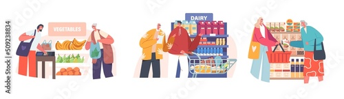 Set Young People Help Elderly Characters Shopping in Grocery Store. Support Aged Pensioners. Volunteers Assist Aged