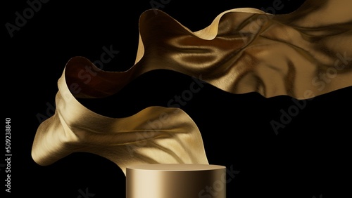 Luxury 3d podium with flying cloth. illustration in trendy gold colors. Wide background for product and cosmetics presentation.