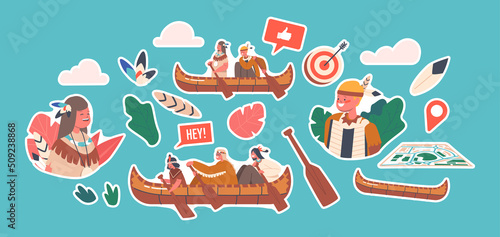 Set of Stickers Native Indian American Children Swim on Canoe, Indigenous Kids Characters Wear Costumes Rowing on Boat