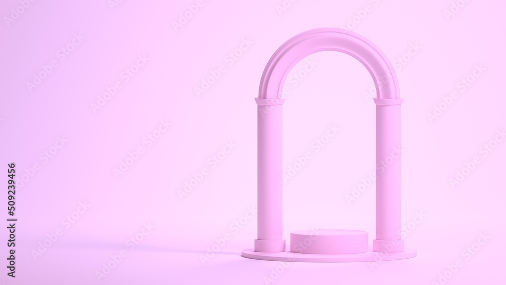 3d podium with arch. Illustration in trendy pink colors. Background for product and cosmetics presentation. 3d podium with arch. Illustration in trendy pink colors. Background for product and cosmetics presentation.