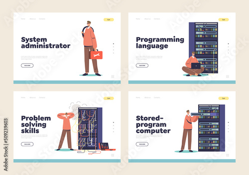 Sysadmins work in rack cabinet landing page with system administrators adjusting service maintenance