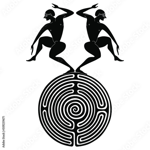 Two ancient Greek youths dancing on top of a round spiral maze or labyrinth symbol. Black and white silhouette. Creative concept for antique culture.
