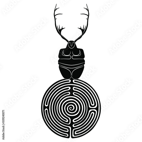 Horned Neolithic goddess with deer antlers standing on top of a round spiral maze or labyrinth symbol. Great Mother archetype. Creative mythological concept. Black and white silhouette.