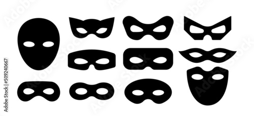 Mask superhero carnival villain or burgar vector icon set. Black masquerade costume eye mask silhouette hidden person face. Simple design incognito party masque shape template illustration. photo